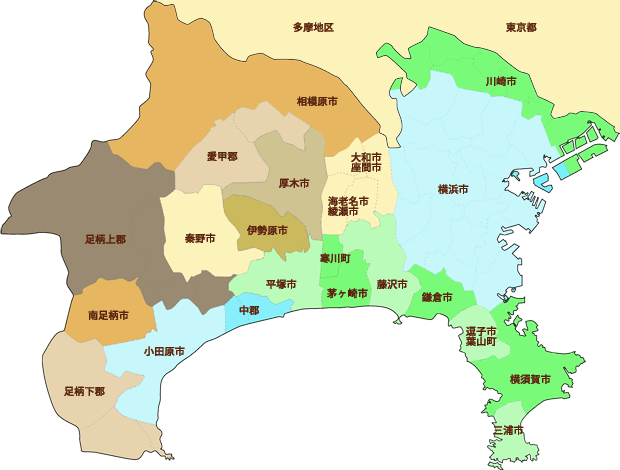 神奈川県の地区別寺院案内へのリンクマップ